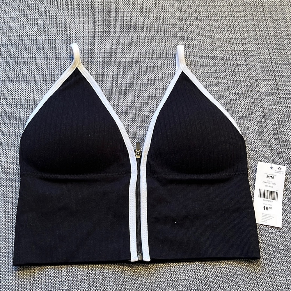 Black V-Neck Ribbed Crop Tank with White Trim